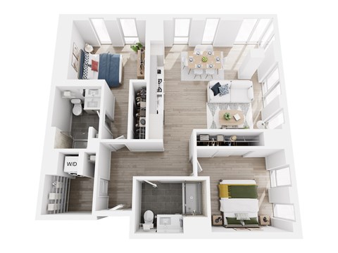 A white and wood floor plan of a house with a living room, kitchen, and bathroom.